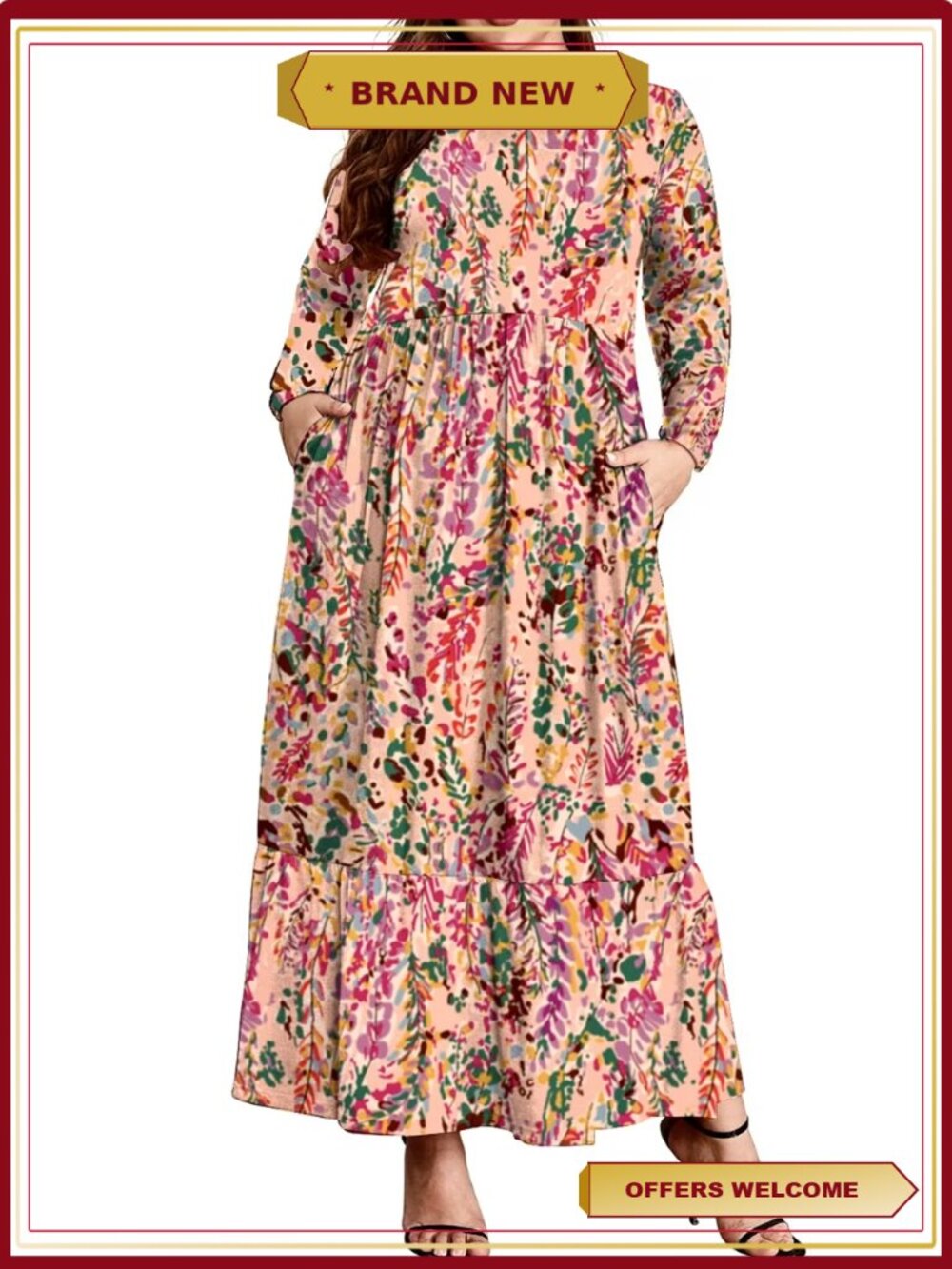 Plus Size Long Sleeve Crewneck Tiered Maxi Dress with Pockets